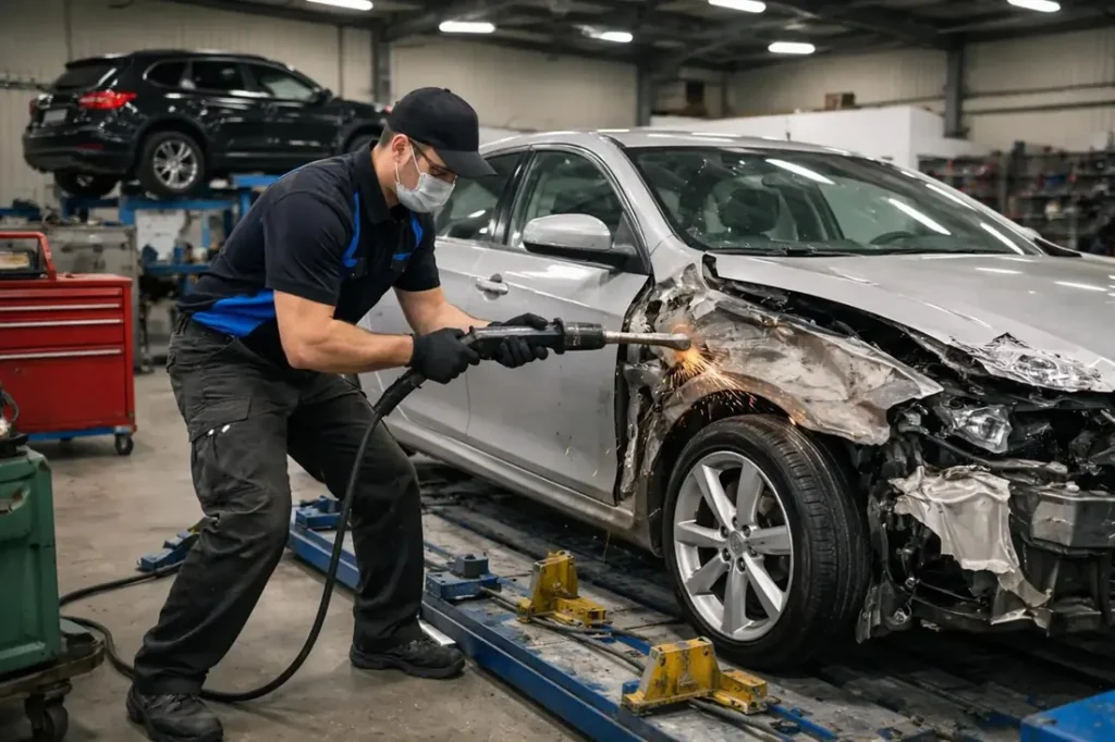 Technician repairing the front end of a collision-damaged white car