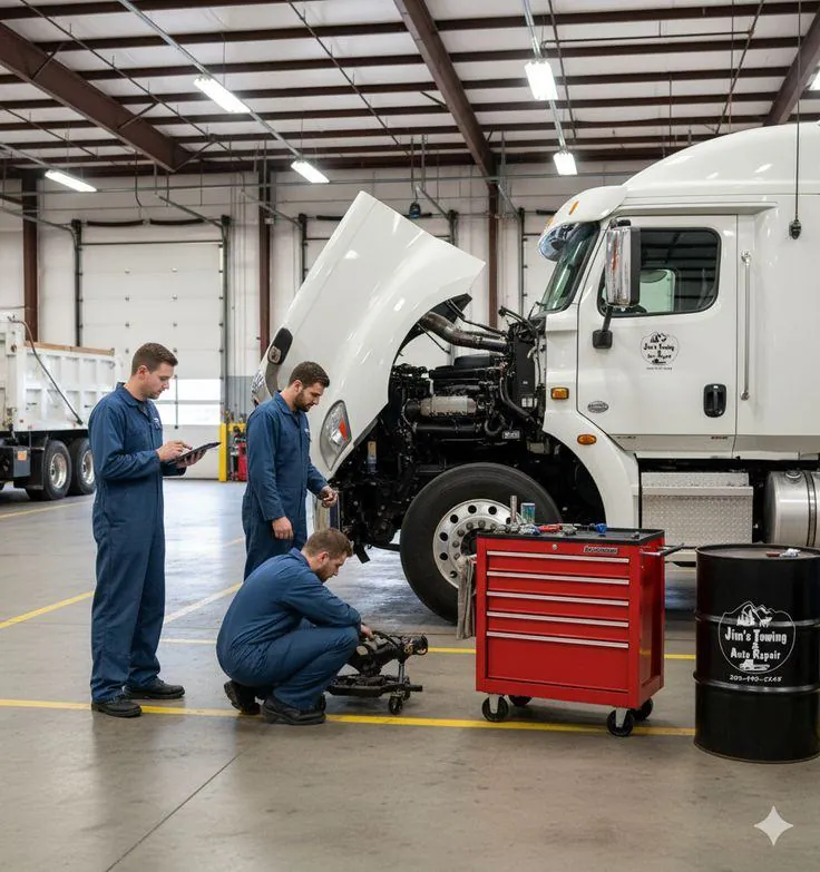Technicians servicing a box truck in the LIFT workshop