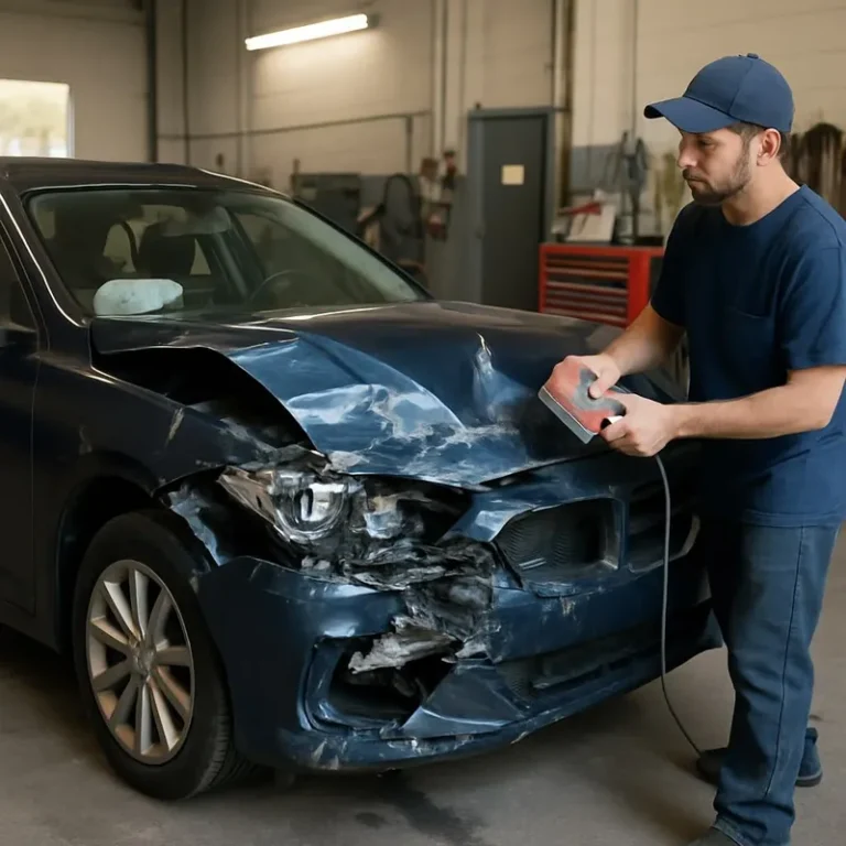 Technician assessing front-end collision damage