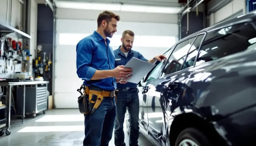 Shop staff reviewing a repair claim beside a vehicle