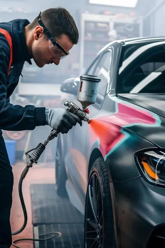 Painter spraying a fresh coat on a car fender