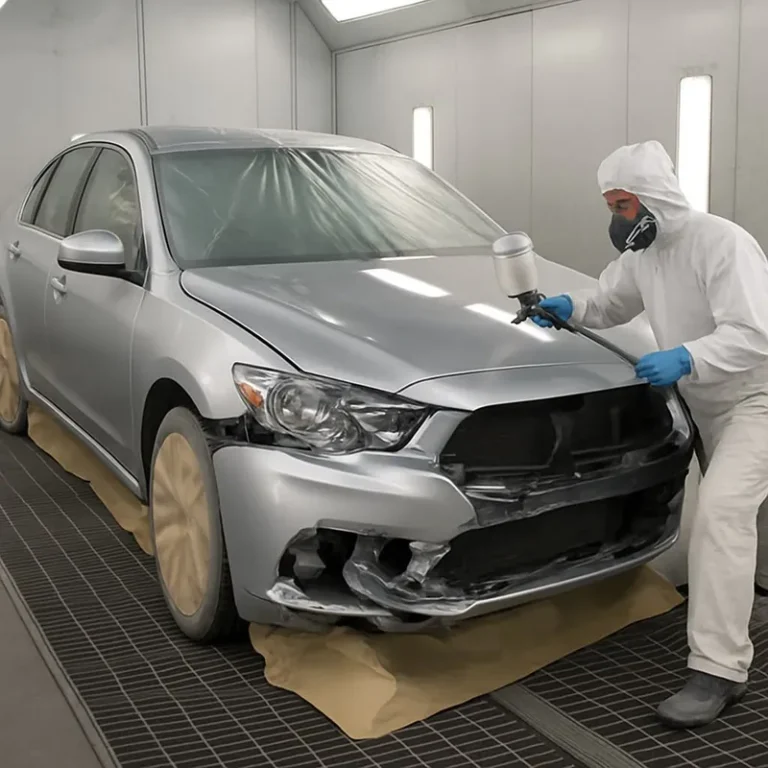 Painter refinishing a repaired silver car