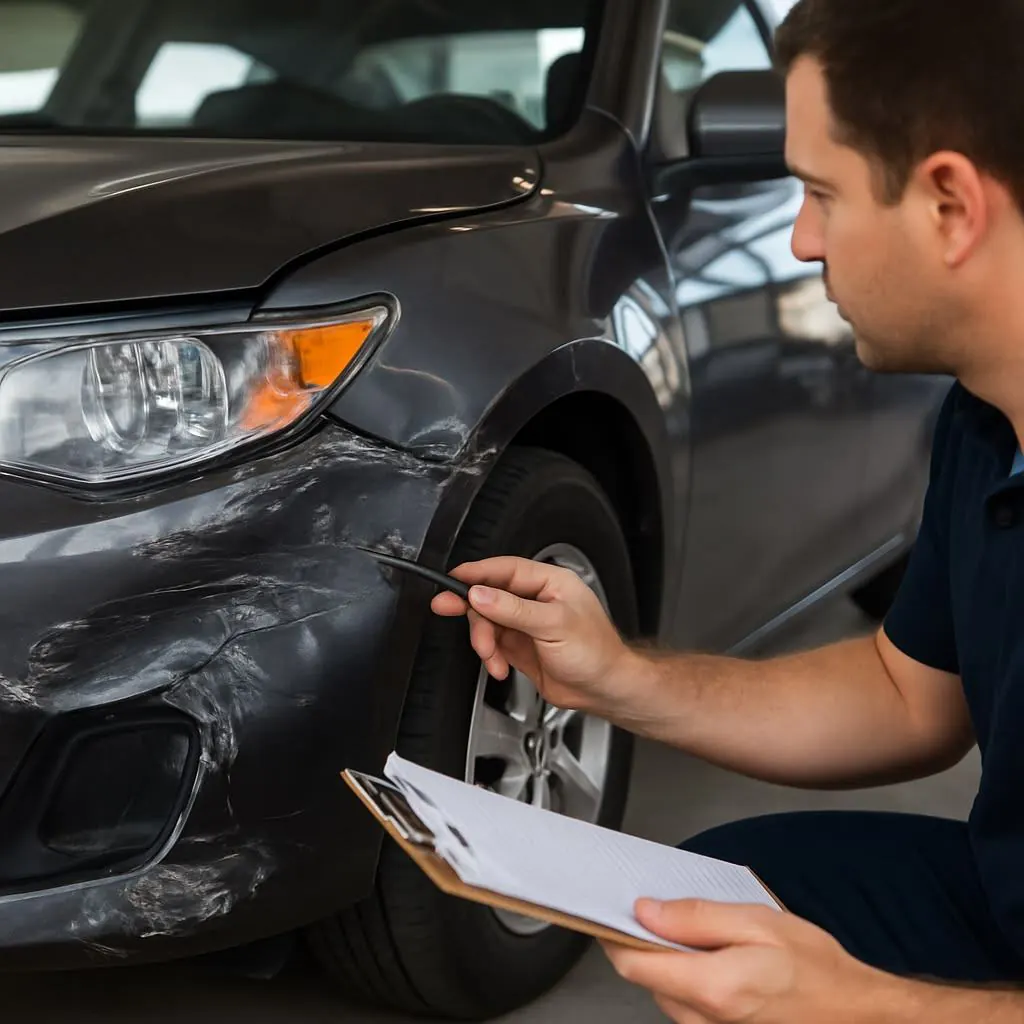 Technician inspecting a scratched front bumper