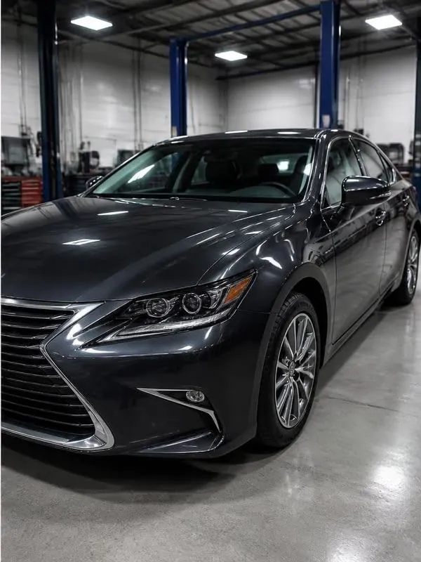After: front-end collision repair on a dark sedan