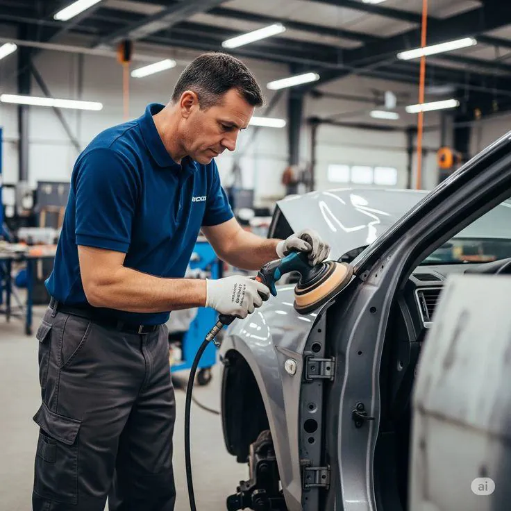 Technician polishing a repaired car door
